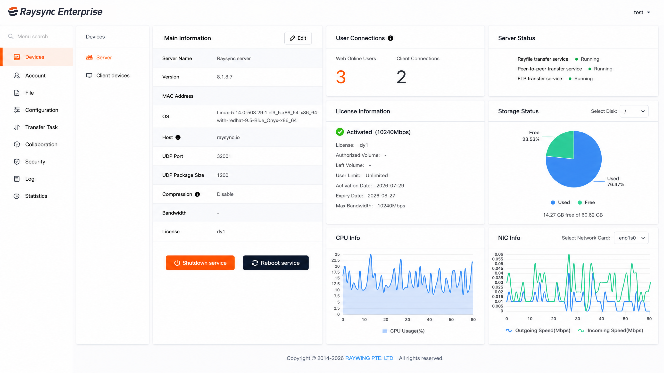 Raysync Admin Portal showing server information, user connections, service status, storage usage, CPU usage, and network interface charts.