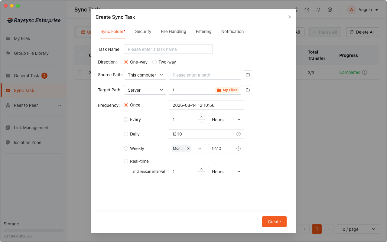 Raysync Enterprise create sync task dialog with source, target, direction, and schedule settings.