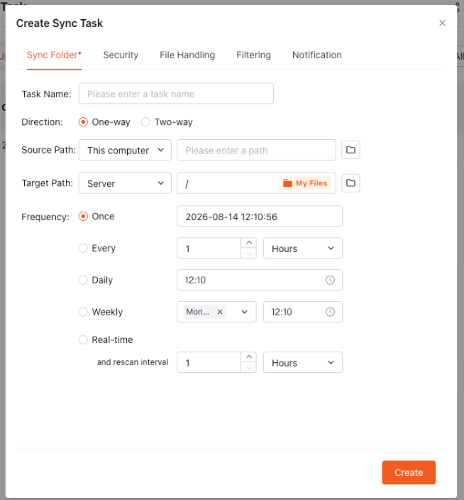 Raysync Enterprise の同期タスク作成ダイアログ。ソース、ターゲット、方向、スケジュール設定を表示。